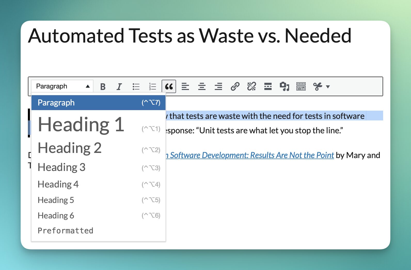 A screenshot of the Gutenberg editor showing an older toolbar UI with an open dropdown to choose between Paragraph, Heading, and Preformatted styles.
