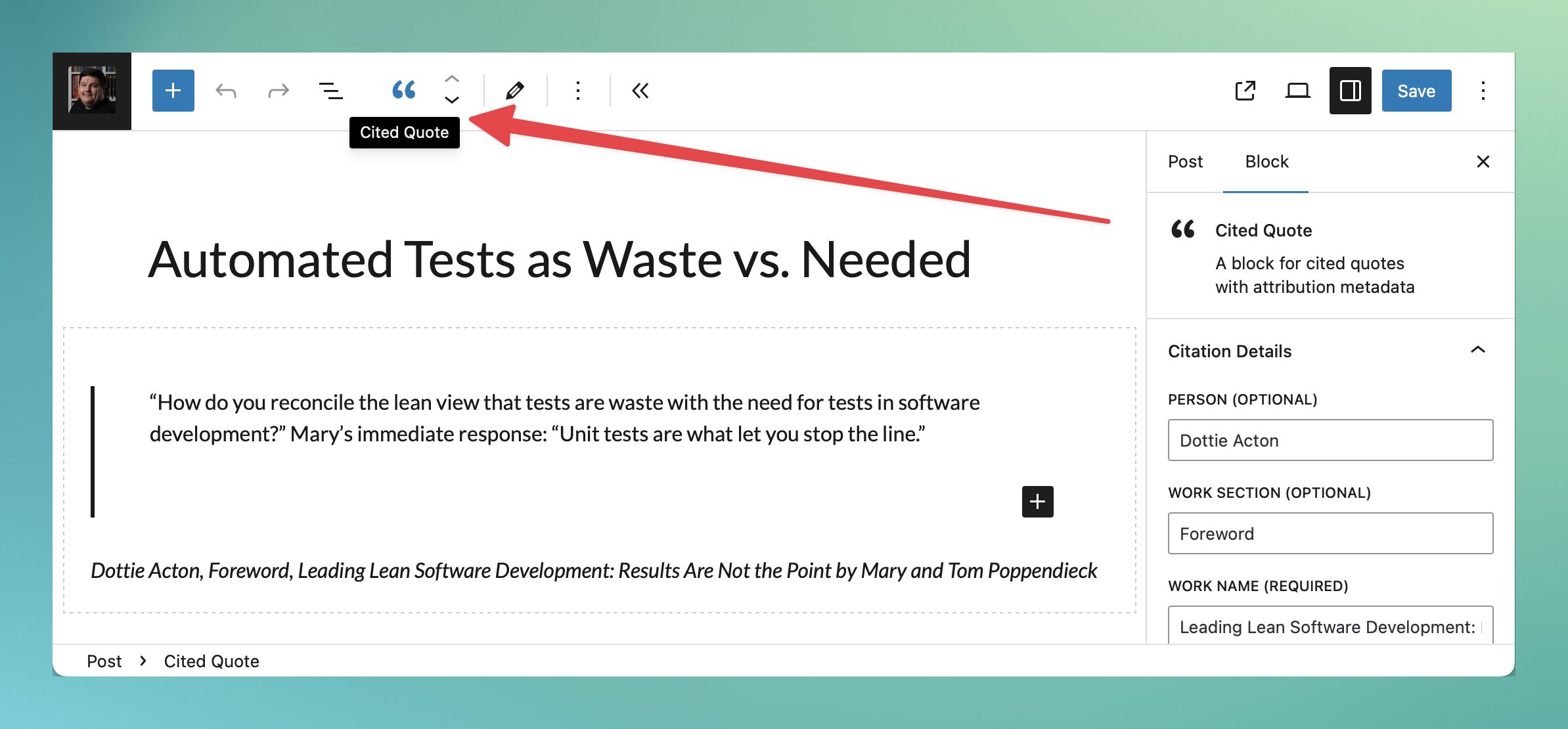 A screenshot of the Gutenberg editor showing a Cited Quote button in the global toolbar, and the Cited Quote settings in a right-hand sidebar.